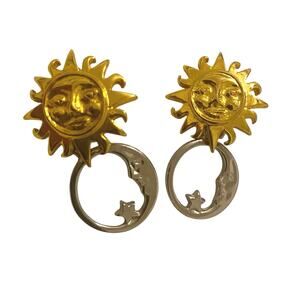 Adolfo Moon Face Star Gold toned and Silver Pierced Earrings Celestial